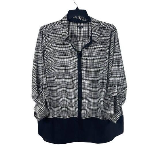 Talbots 3X Black White Houndstooth Button Top Roll Tab Sleeve Semi Sheer Tunic - Picture 2 of 14